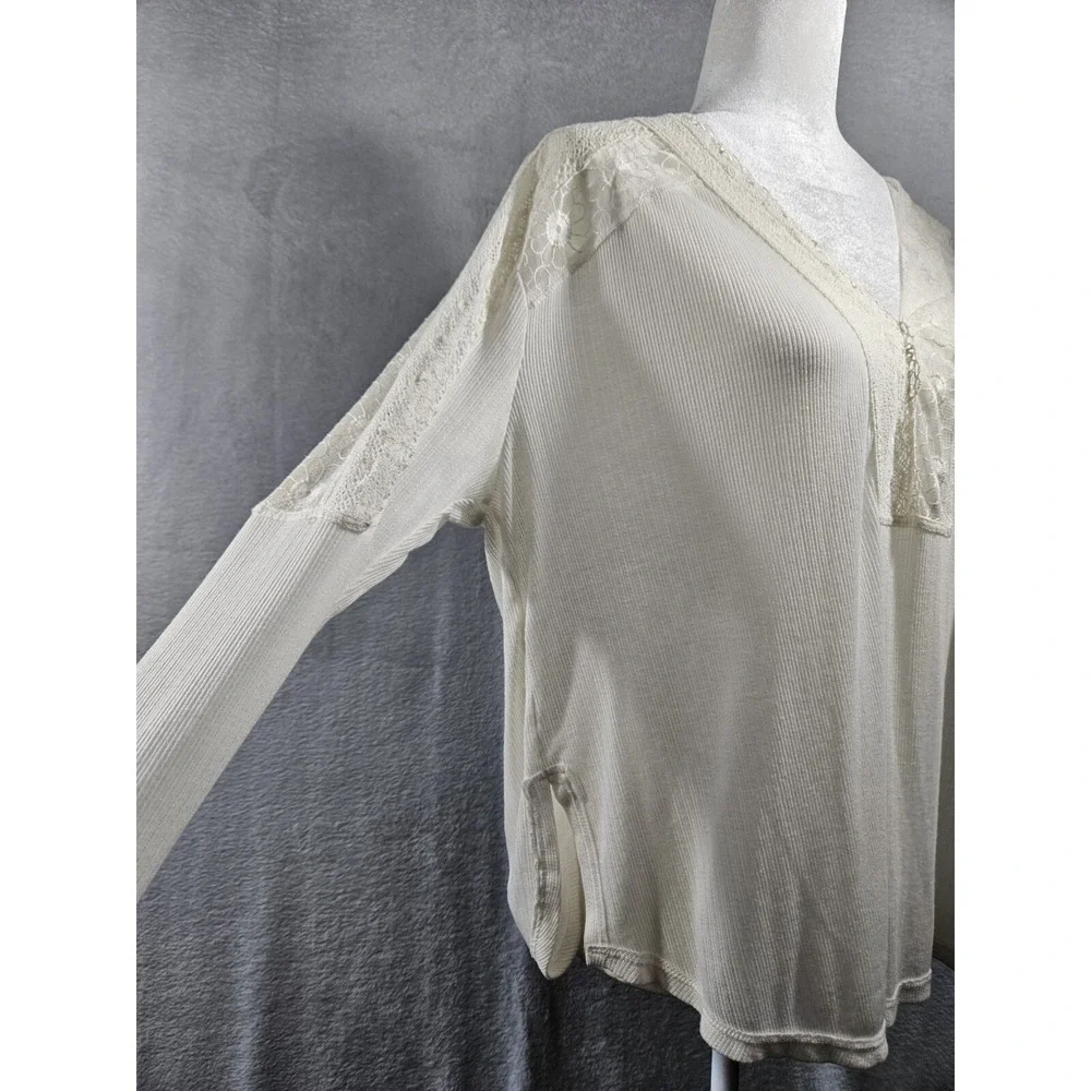 Free People Womens Small Top Ivory‎ Lace Sheer Crochet V-Neck Angel Food Boho